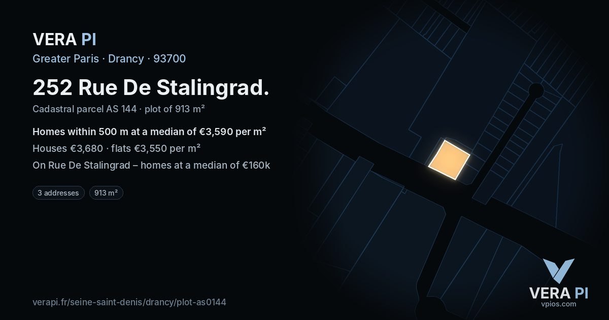 252 Rue De Stalingrad, Drancy at night – the plot lit, the parcels around coloured by the prices near them