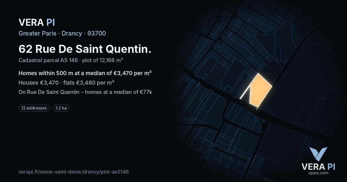 62 Rue De Saint Quentin, Drancy at night – the plot lit, the parcels around coloured by the prices near them