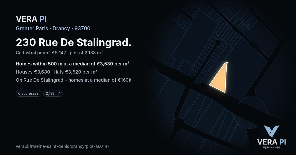 230 Rue De Stalingrad, Drancy at night – the plot lit, the parcels around coloured by the prices near them