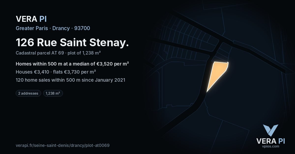 126 Rue Saint Stenay, Drancy at night – the plot lit, the parcels around coloured by the prices near them