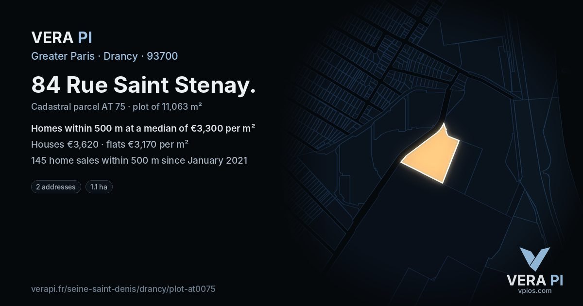 84 Rue Saint Stenay, Drancy at night – the plot lit, the parcels around coloured by the prices near them