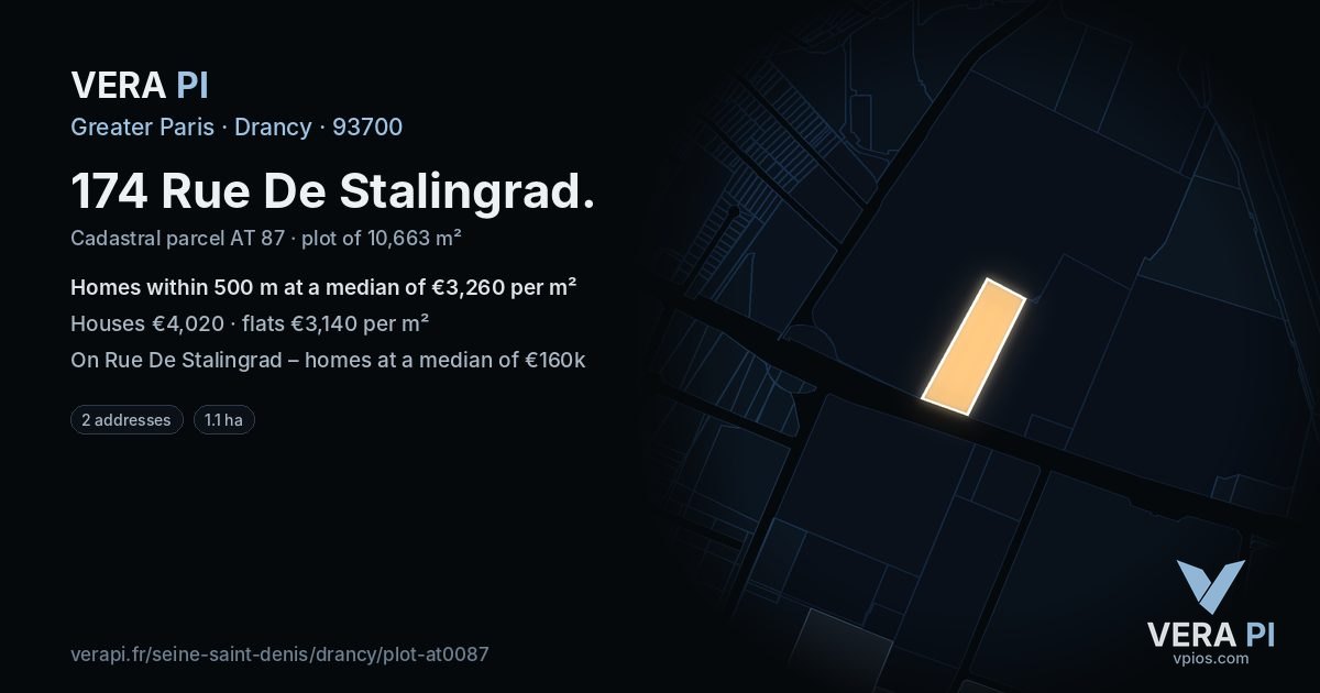 174 Rue De Stalingrad, Drancy at night – the plot lit, the parcels around coloured by the prices near them