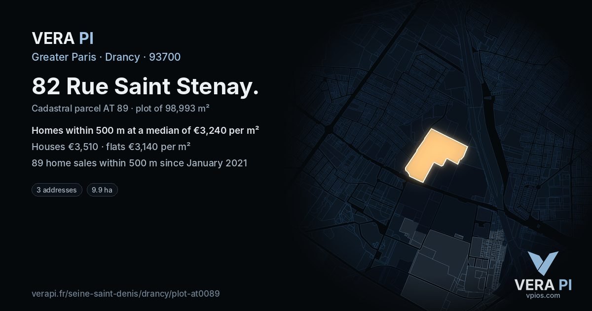 82 Rue Saint Stenay, Drancy at night – the plot lit, the parcels around coloured by the prices near them