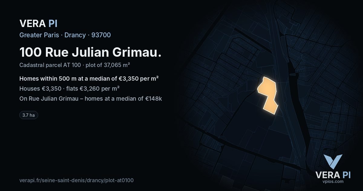 100 Rue Julian Grimau, Drancy at night – the plot lit, the parcels around coloured by the prices near them