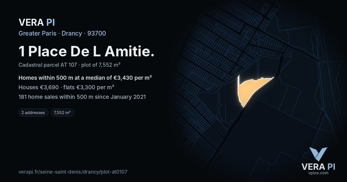 1 Place De L Amitie, Drancy at night – the plot lit, the parcels around coloured by the prices near them