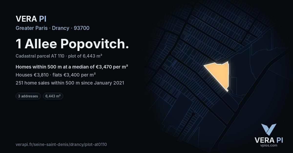 1 Allee Popovitch, Drancy at night – the plot lit, the parcels around coloured by the prices near them