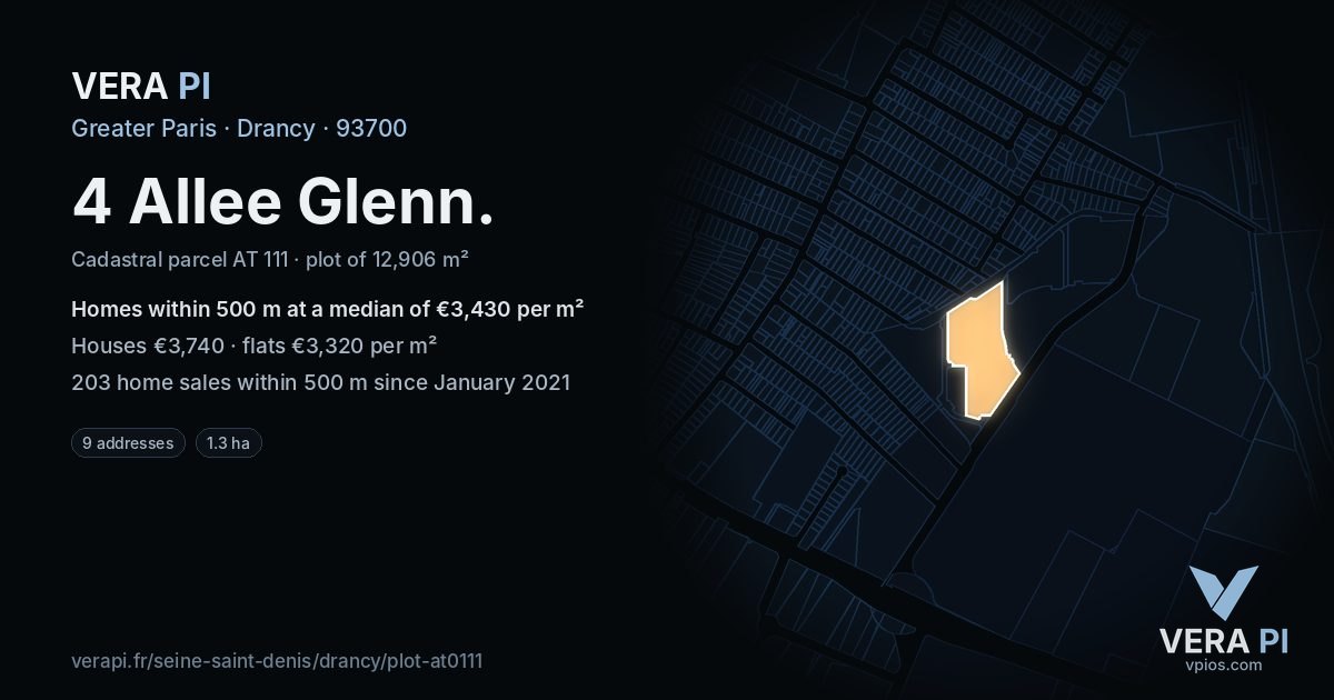 4 Allee Glenn, Drancy at night – the plot lit, the parcels around coloured by the prices near them