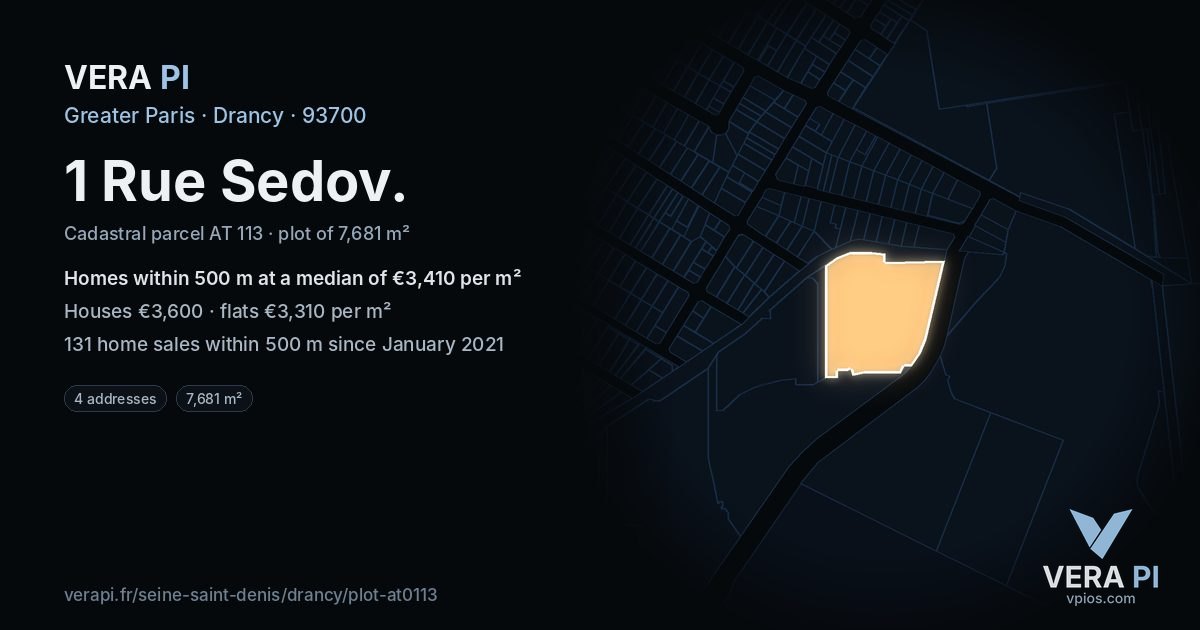 1 Rue Sedov, Drancy at night – the plot lit, the parcels around coloured by the prices near them