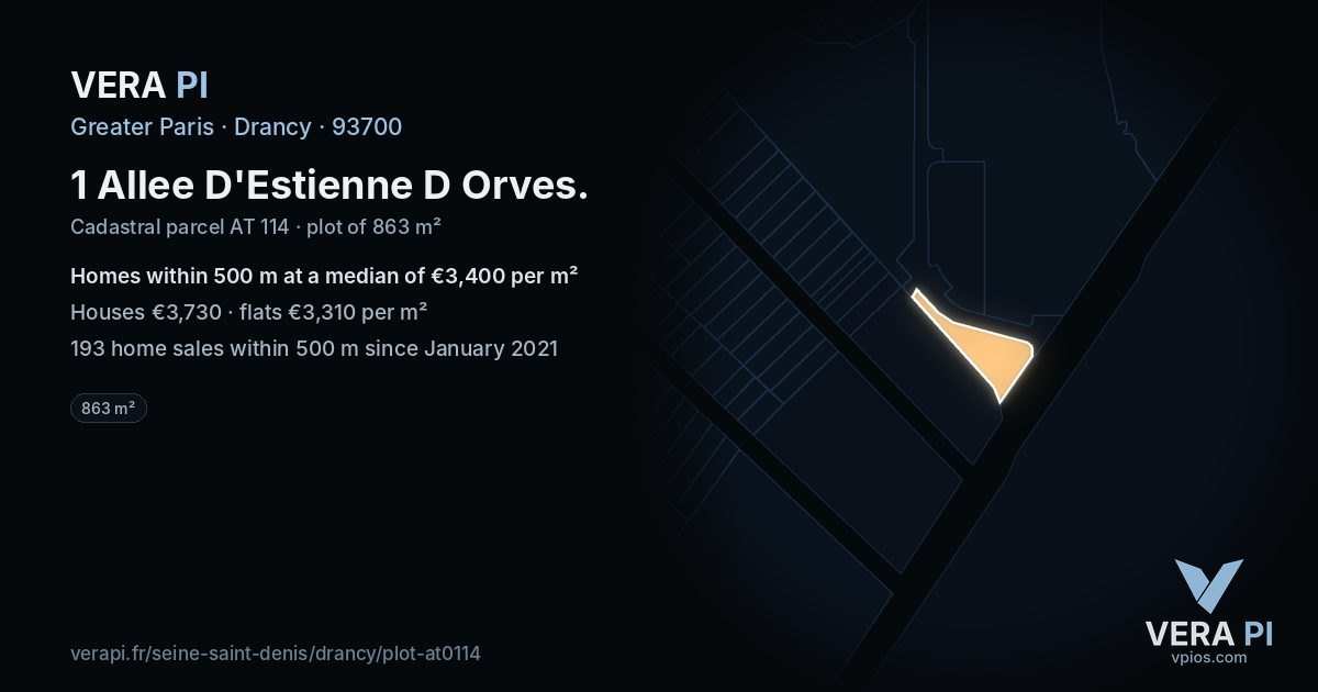 1 Allee D'Estienne D Orves, Drancy at night – the plot lit, the parcels around coloured by the prices near them