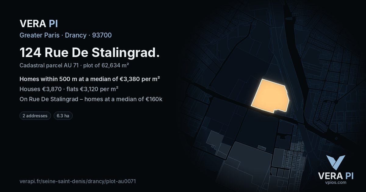 124 Rue De Stalingrad, Drancy at night – the plot lit, the parcels around coloured by the prices near them