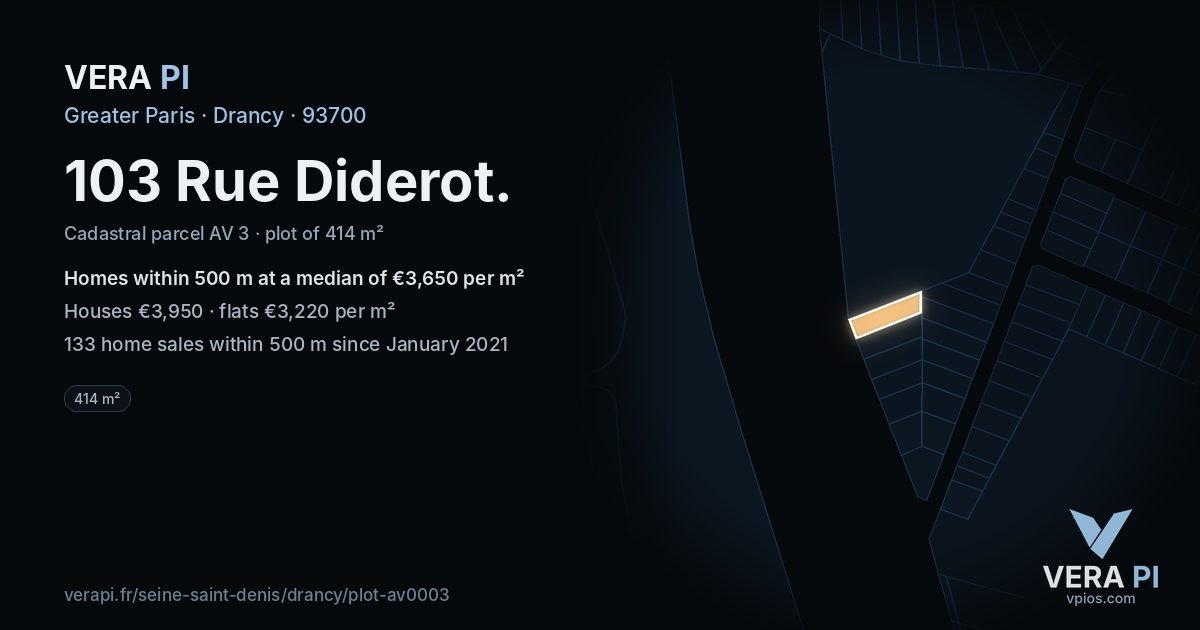 103 Rue Diderot, Drancy at night – the plot lit, the parcels around coloured by the prices near them