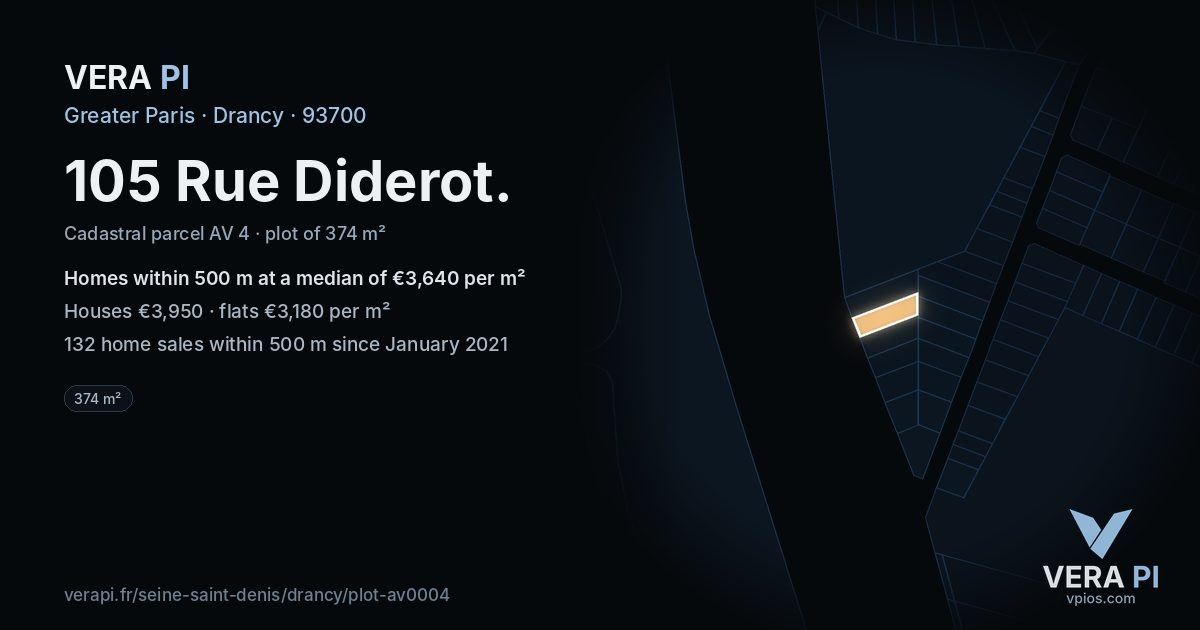 105 Rue Diderot, Drancy at night – the plot lit, the parcels around coloured by the prices near them