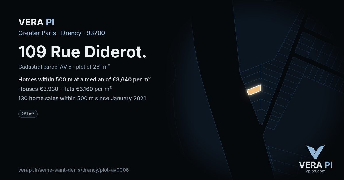 109 Rue Diderot, Drancy at night – the plot lit, the parcels around coloured by the prices near them