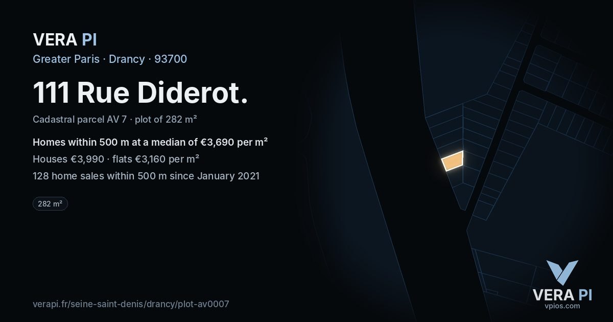 111 Rue Diderot, Drancy at night – the plot lit, the parcels around coloured by the prices near them
