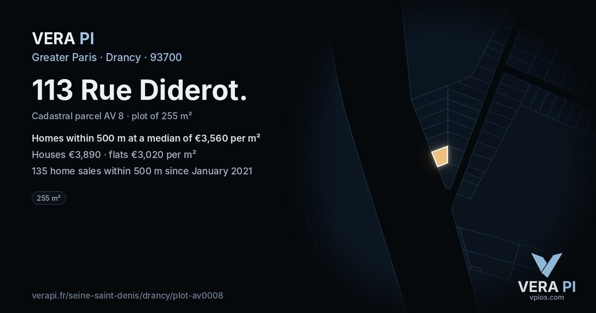 113 Rue Diderot, Drancy at night – the plot lit, the parcels around coloured by the prices near them