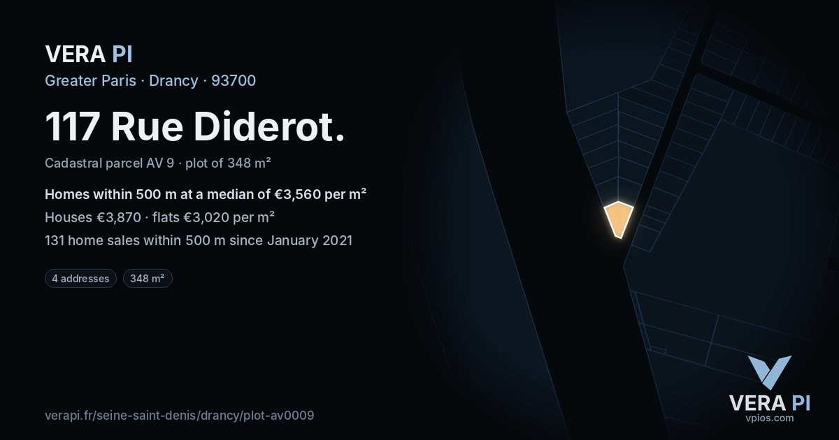 117 Rue Diderot, Drancy at night – the plot lit, the parcels around coloured by the prices near them