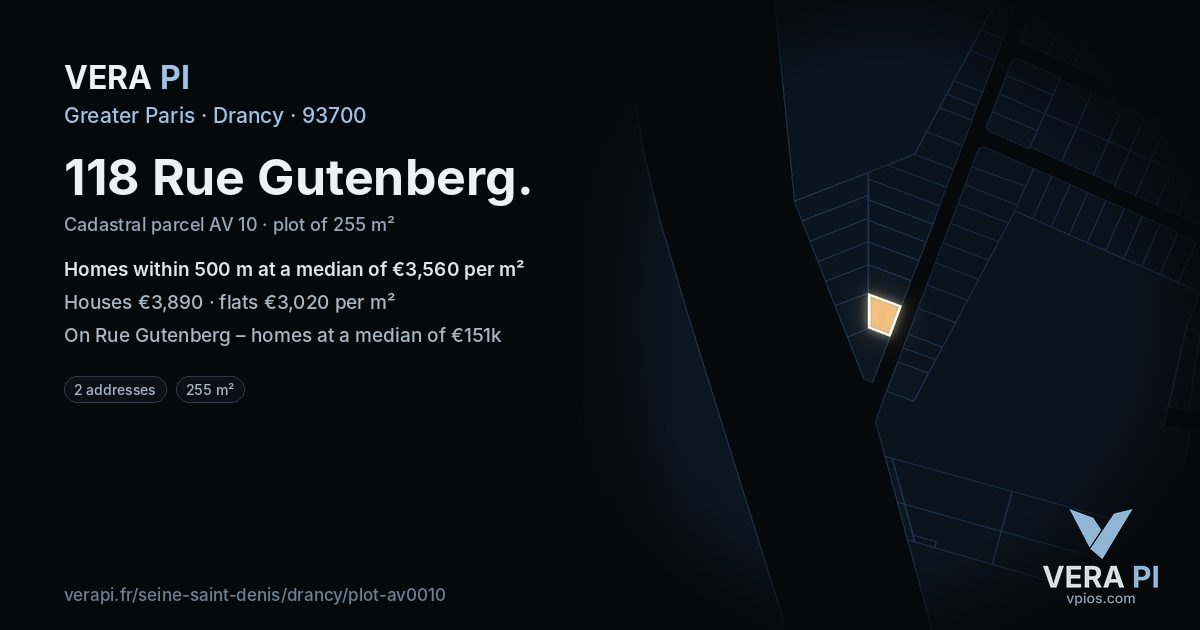 118 Rue Gutenberg, Drancy at night – the plot lit, the parcels around coloured by the prices near them