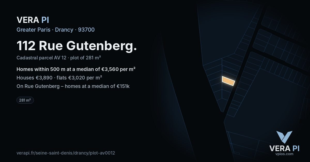 112 Rue Gutenberg, Drancy at night – the plot lit, the parcels around coloured by the prices near them
