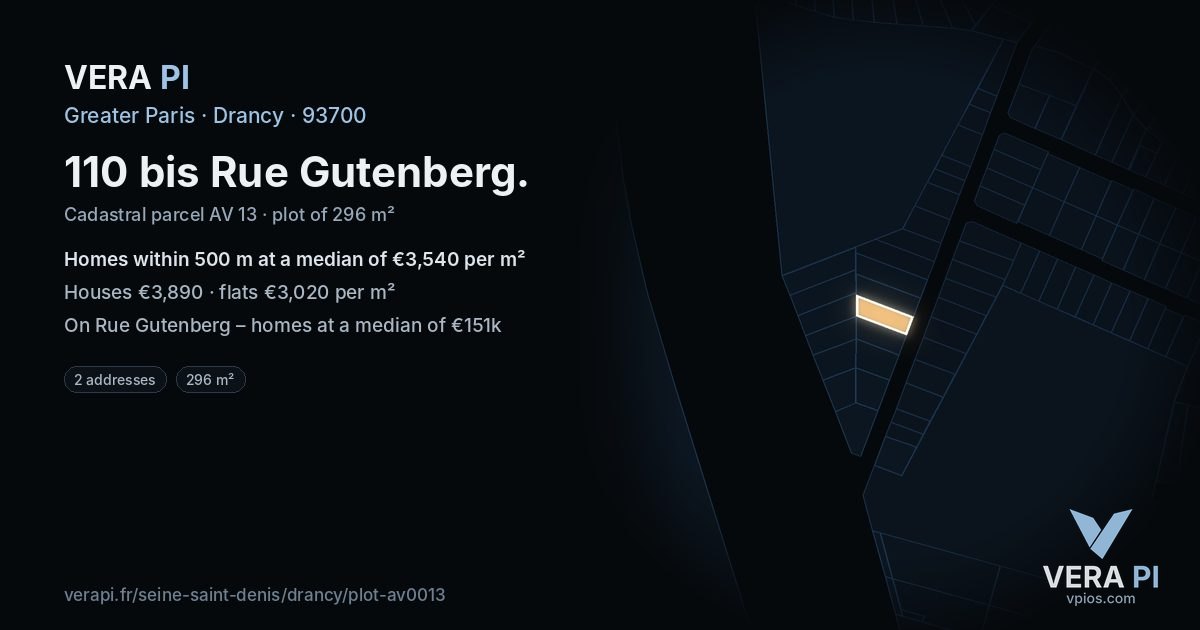 110 bis Rue Gutenberg, Drancy at night – the plot lit, the parcels around coloured by the prices near them