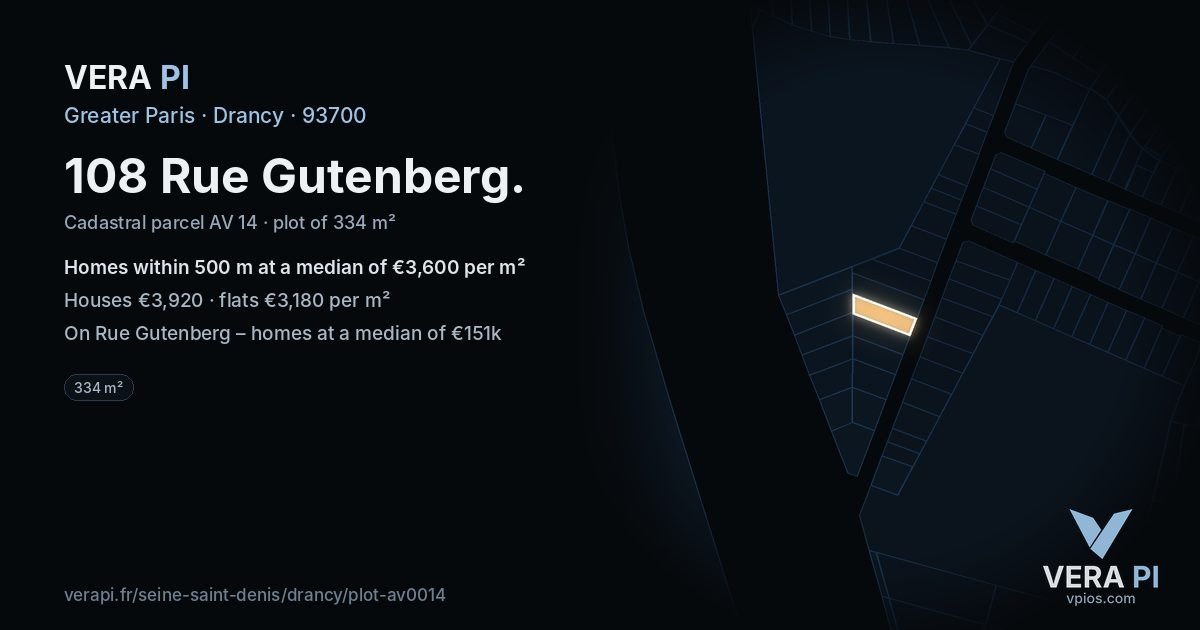 108 Rue Gutenberg, Drancy at night – the plot lit, the parcels around coloured by the prices near them