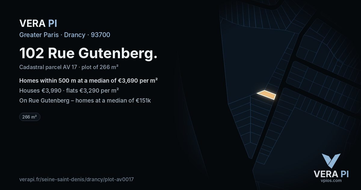 102 Rue Gutenberg, Drancy at night – the plot lit, the parcels around coloured by the prices near them