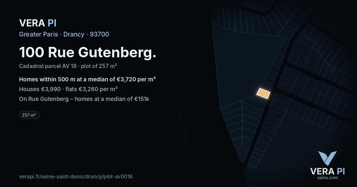 100 Rue Gutenberg, Drancy at night – the plot lit, the parcels around coloured by the prices near them