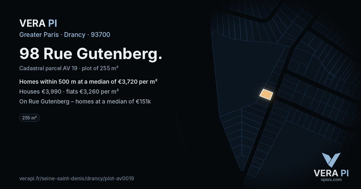98 Rue Gutenberg, Drancy at night – the plot lit, the parcels around coloured by the prices near them