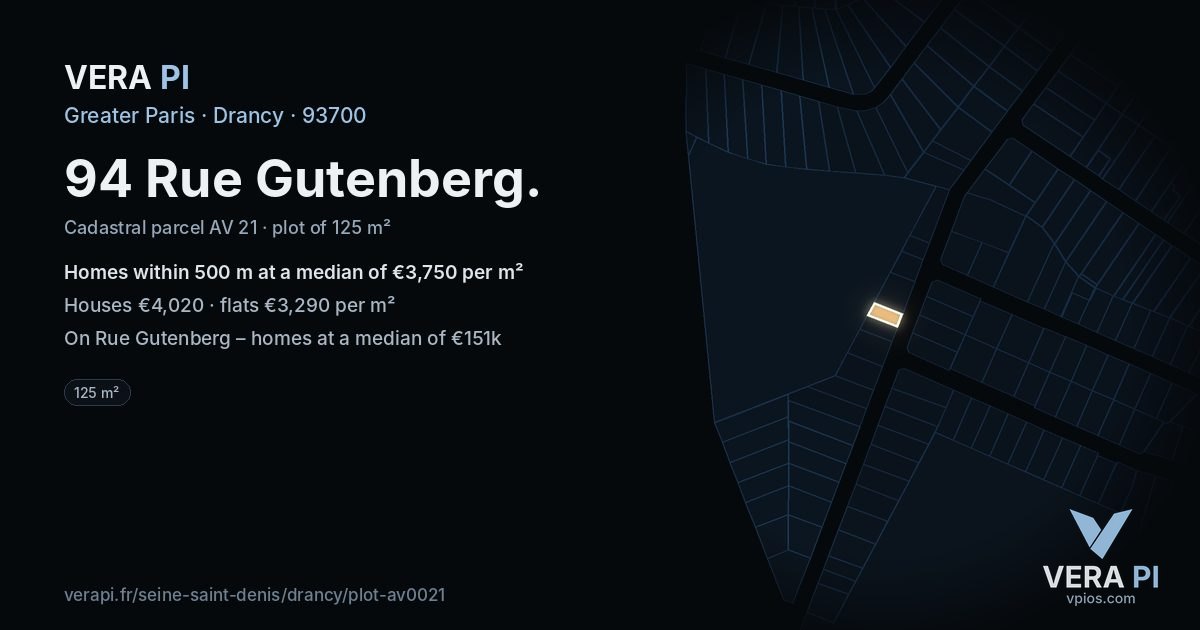 94 Rue Gutenberg, Drancy at night – the plot lit, the parcels around coloured by the prices near them