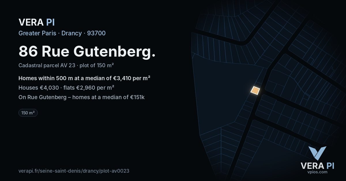 86 Rue Gutenberg, Drancy at night – the plot lit, the parcels around coloured by the prices near them