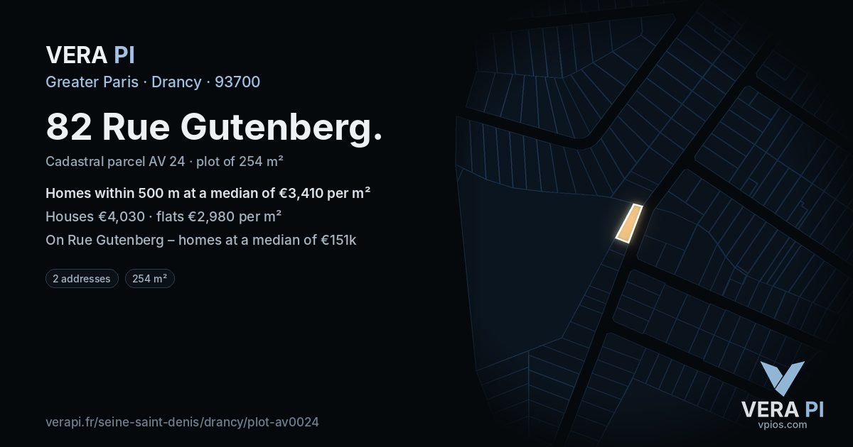 82 Rue Gutenberg, Drancy at night – the plot lit, the parcels around coloured by the prices near them