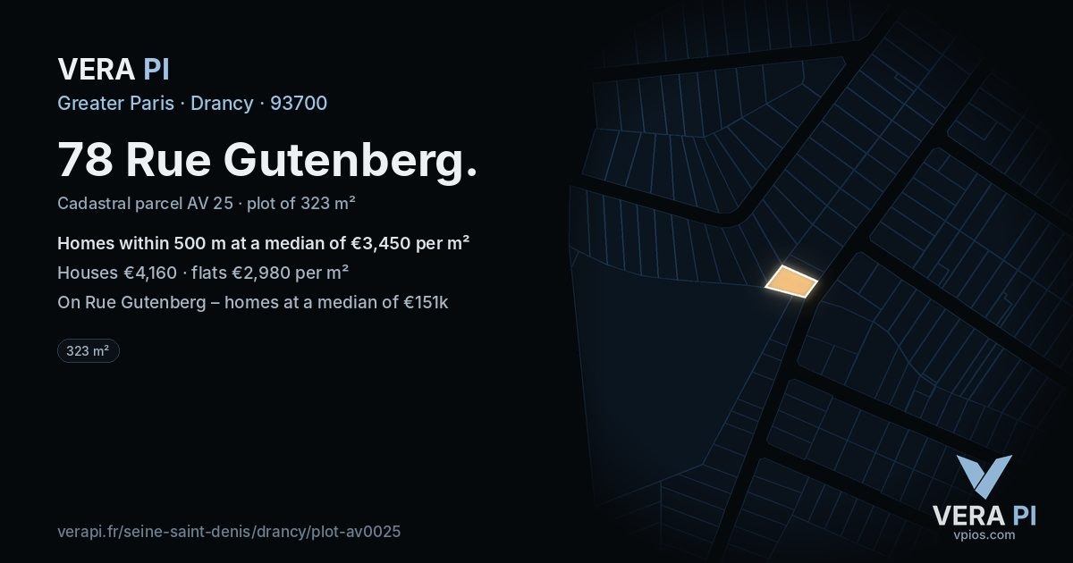 78 Rue Gutenberg, Drancy at night – the plot lit, the parcels around coloured by the prices near them