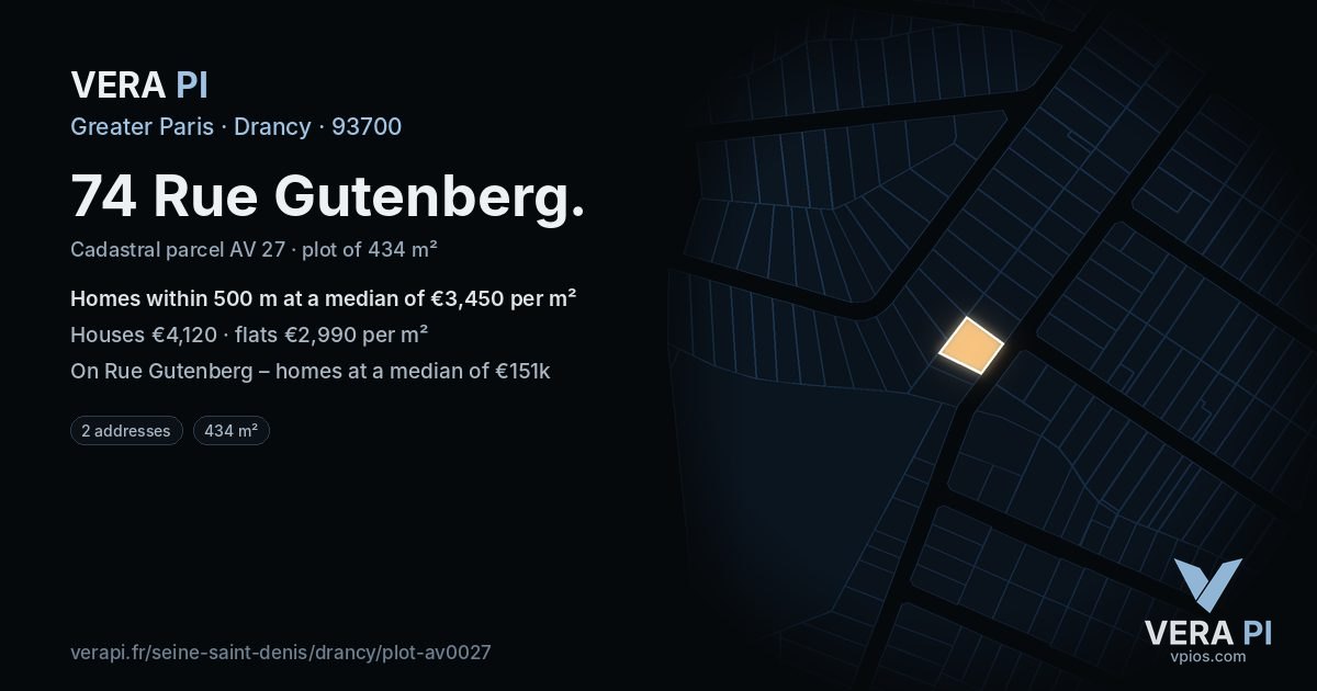 74 Rue Gutenberg, Drancy at night – the plot lit, the parcels around coloured by the prices near them