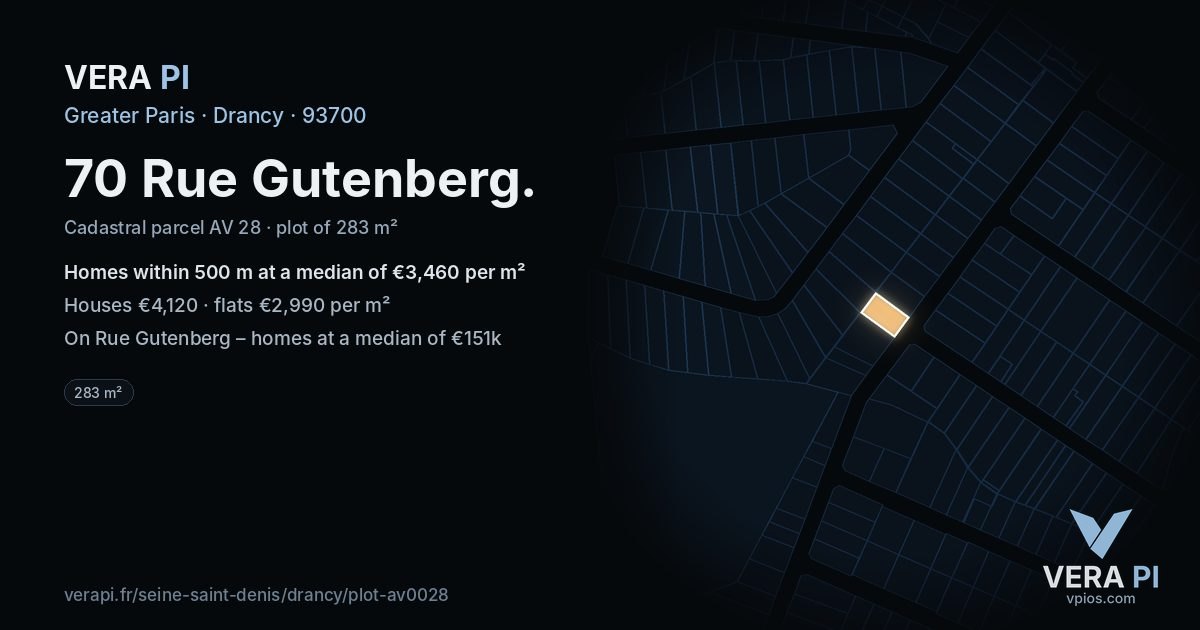 70 Rue Gutenberg, Drancy at night – the plot lit, the parcels around coloured by the prices near them