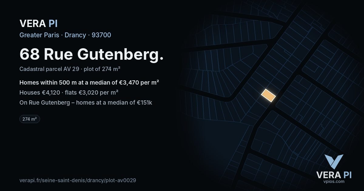 68 Rue Gutenberg, Drancy at night – the plot lit, the parcels around coloured by the prices near them