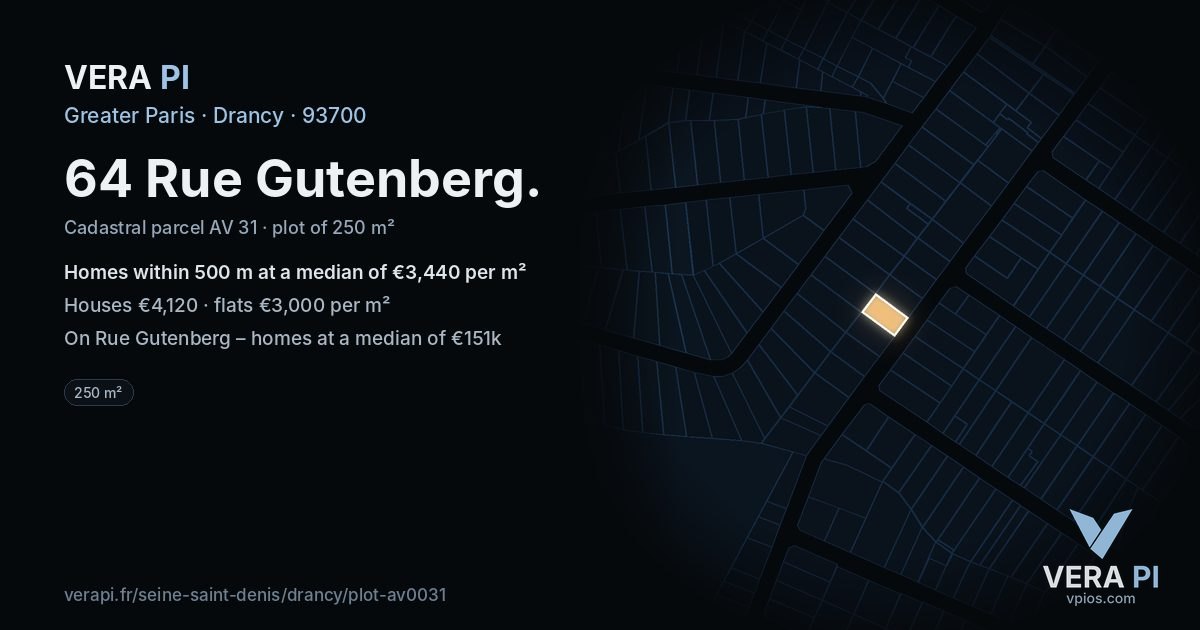 64 Rue Gutenberg, Drancy at night – the plot lit, the parcels around coloured by the prices near them