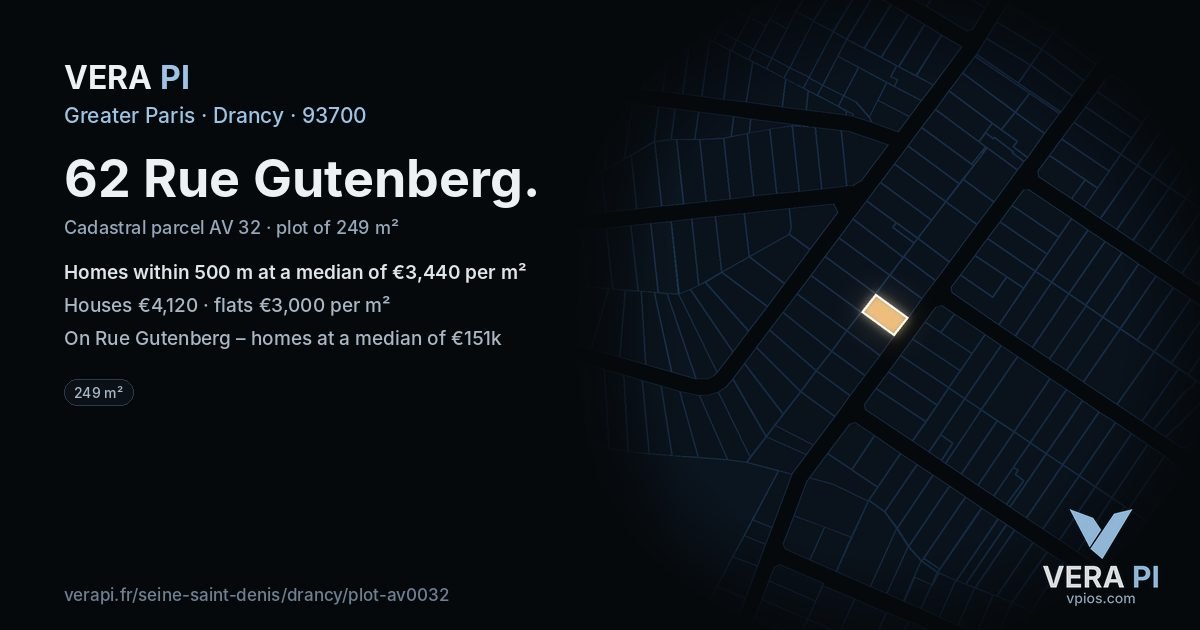 62 Rue Gutenberg, Drancy at night – the plot lit, the parcels around coloured by the prices near them