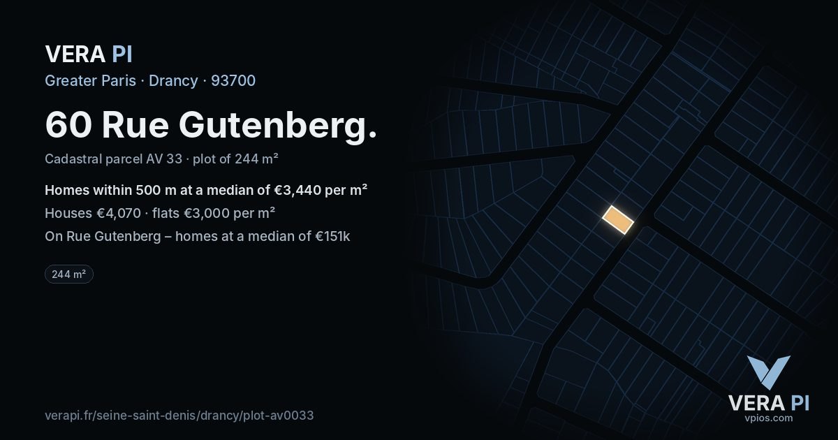 60 Rue Gutenberg, Drancy at night – the plot lit, the parcels around coloured by the prices near them