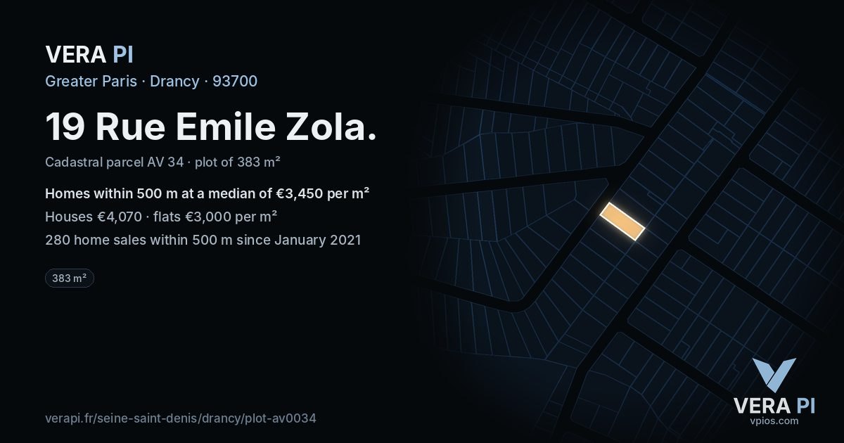 19 Rue Emile Zola, Drancy at night – the plot lit, the parcels around coloured by the prices near them
