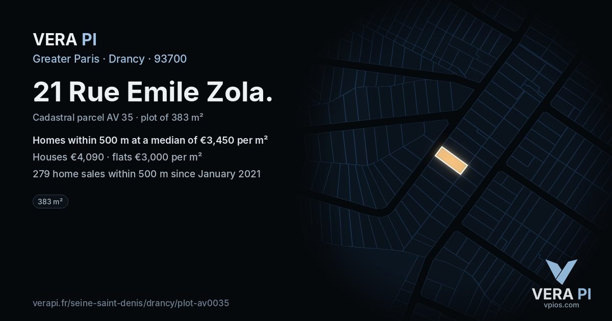 21 Rue Emile Zola, Drancy at night – the plot lit, the parcels around coloured by the prices near them