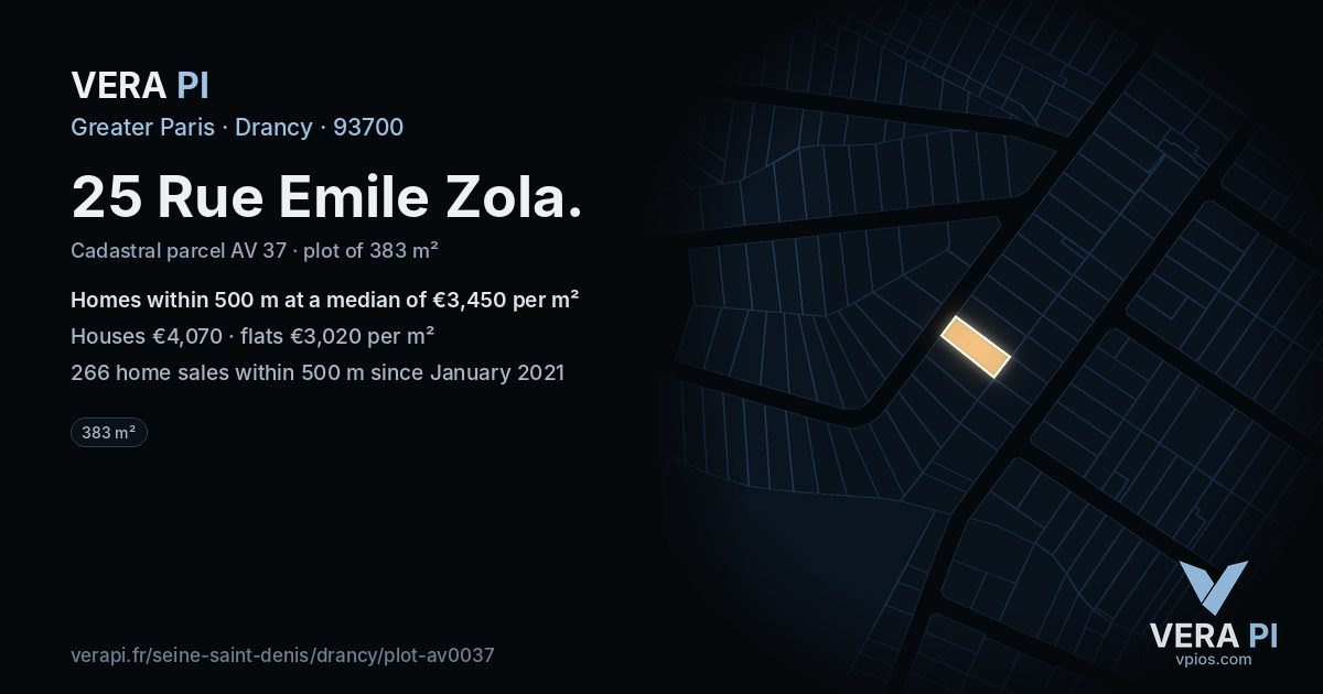 25 Rue Emile Zola, Drancy at night – the plot lit, the parcels around coloured by the prices near them