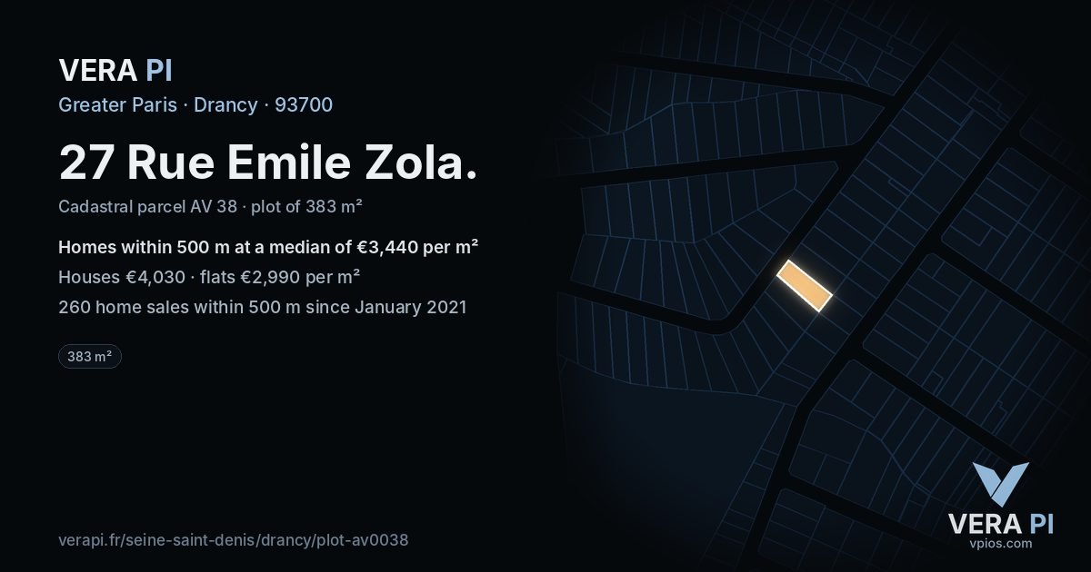 27 Rue Emile Zola, Drancy at night – the plot lit, the parcels around coloured by the prices near them
