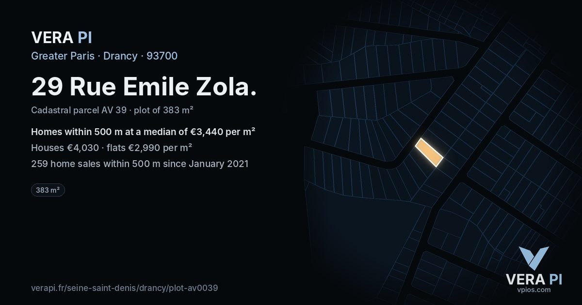 29 Rue Emile Zola, Drancy at night – the plot lit, the parcels around coloured by the prices near them