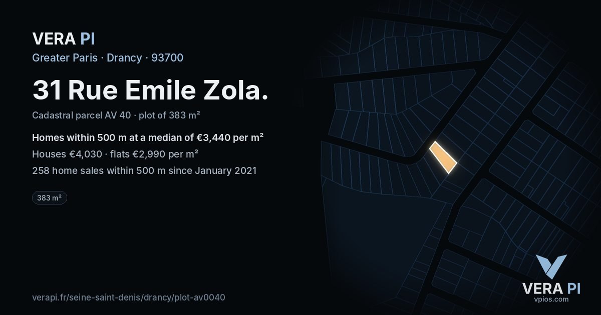 31 Rue Emile Zola, Drancy at night – the plot lit, the parcels around coloured by the prices near them