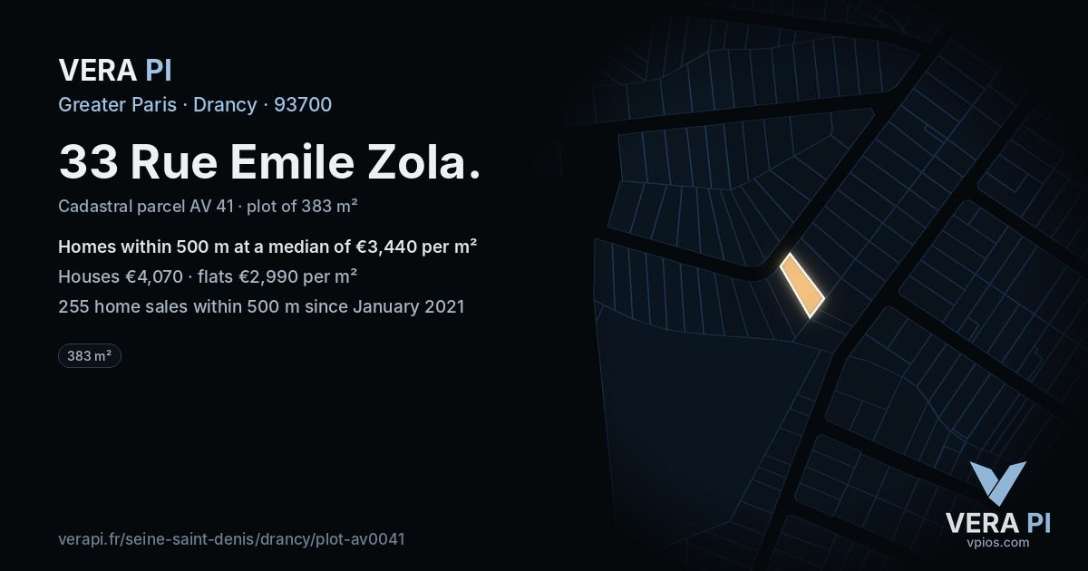 33 Rue Emile Zola, Drancy at night – the plot lit, the parcels around coloured by the prices near them