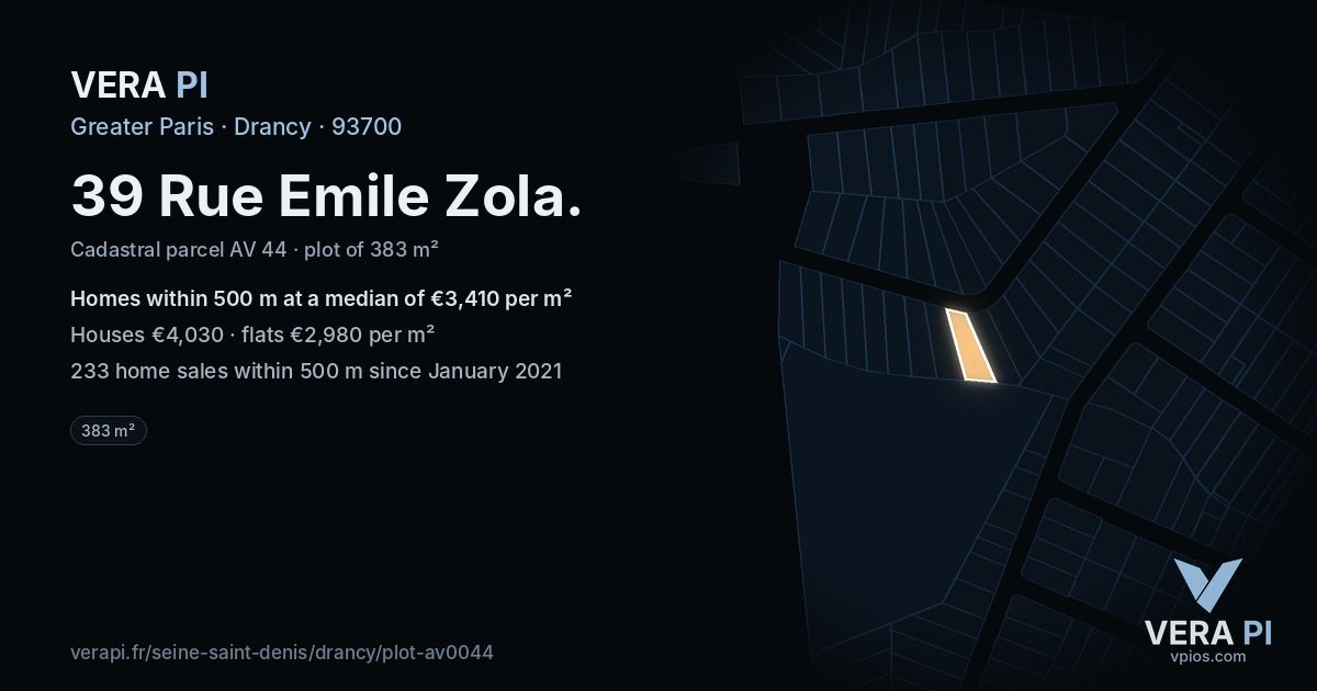 39 Rue Emile Zola, Drancy at night – the plot lit, the parcels around coloured by the prices near them
