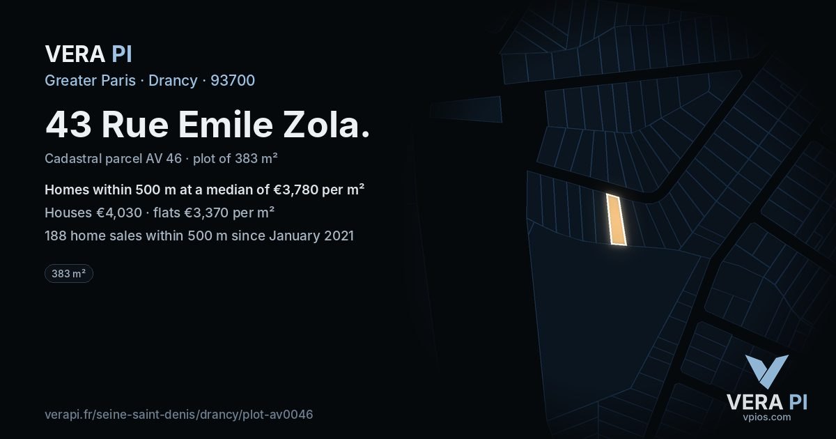 43 Rue Emile Zola, Drancy at night – the plot lit, the parcels around coloured by the prices near them
