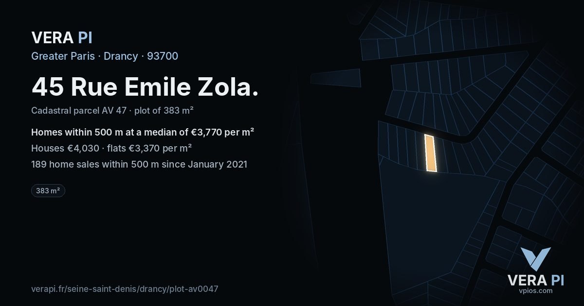 45 Rue Emile Zola, Drancy at night – the plot lit, the parcels around coloured by the prices near them