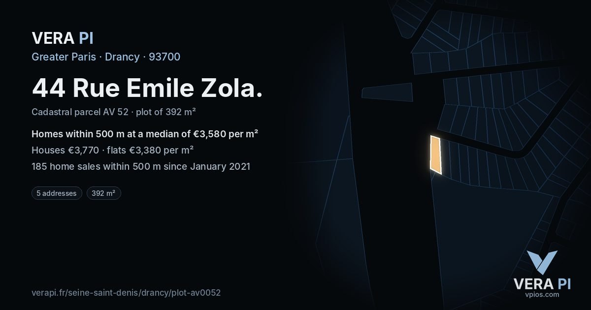 44 Rue Emile Zola, Drancy at night – the plot lit, the parcels around coloured by the prices near them