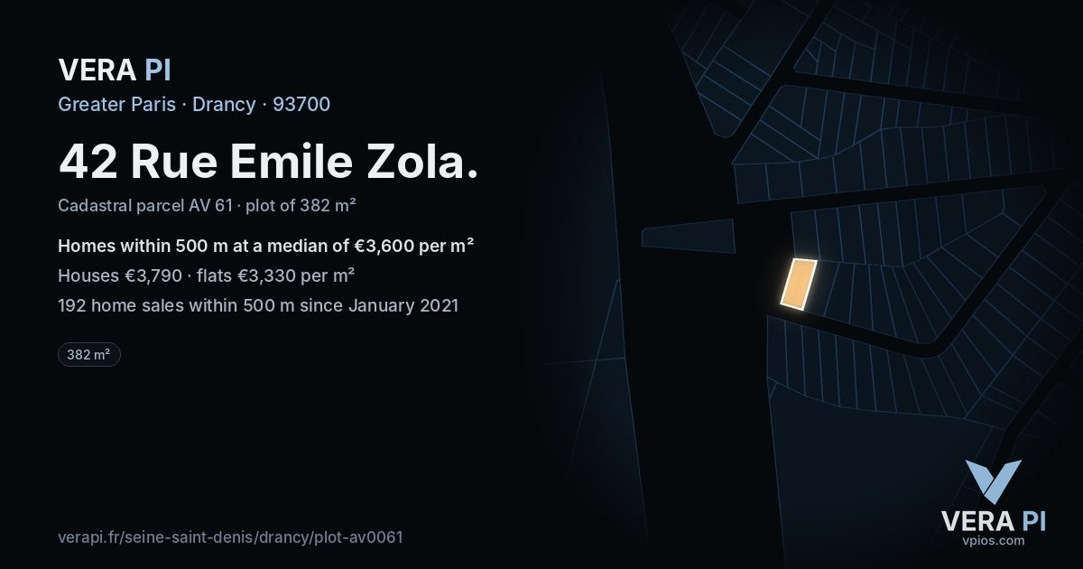 42 Rue Emile Zola, Drancy at night – the plot lit, the parcels around coloured by the prices near them