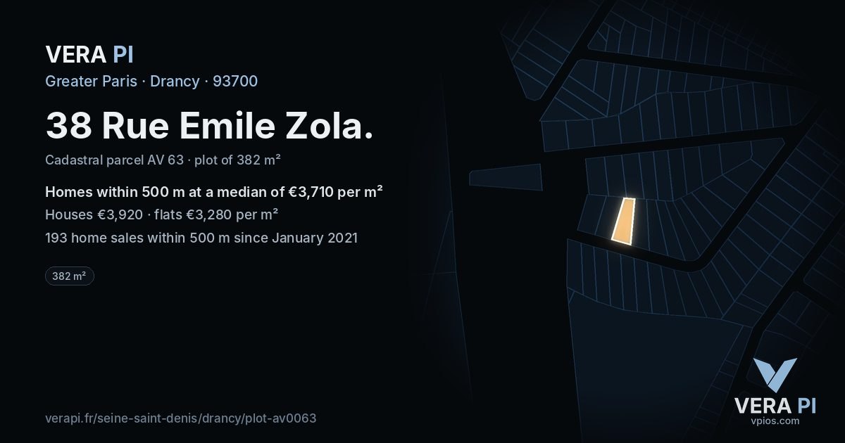 38 Rue Emile Zola, Drancy at night – the plot lit, the parcels around coloured by the prices near them